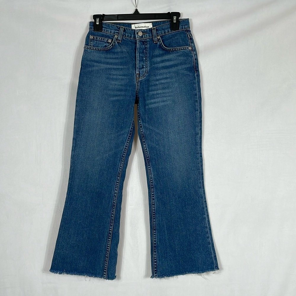 Reformationn Jeans Mid Crop Flare Size 25 Baltic Wash Button Fly